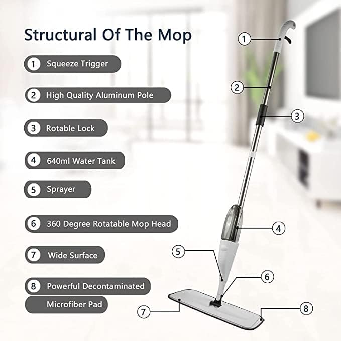 Microfiber Spray Mop for Floor Cleaning, Wet and Dry Floor Cleaner, 360 Degree Spin Microfiber Dust Kitchen Mop with 360ML Water Tank Sprayer