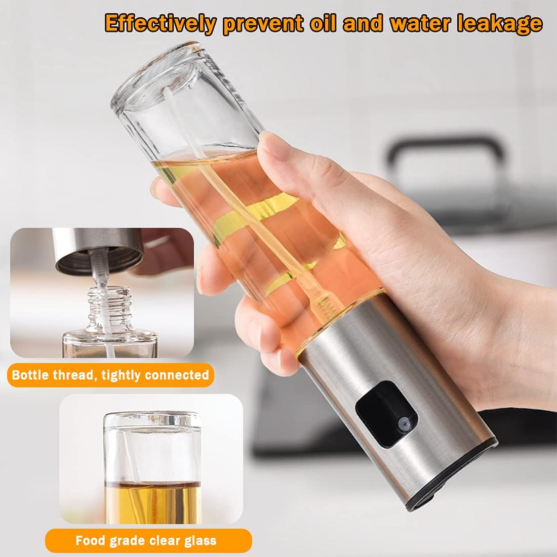 Oil Spray Bottle, 100ml Transparent Food-grade Glass & Stainless Steel Grilling Olive Oil Glass Bottle,Oil Sprayer Dispenser for Cooking BBQ Baking Salad Roasting Frying