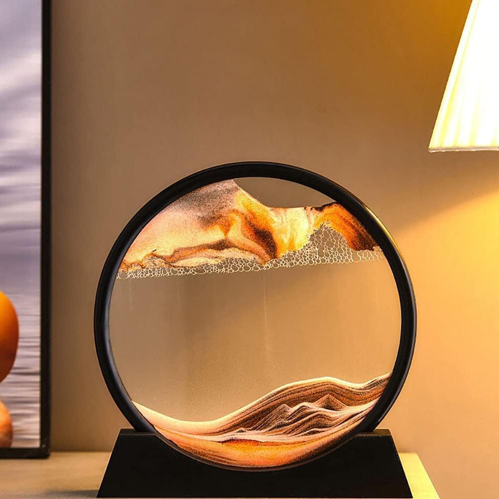 3D Dynamic Sand Art Liquid Motion, Moving Sand Art Picture Round Glass 3D Deep Sea Sandscape in Motion Display Flowing Sand Frame Relaxing Desktop Home Office Work Decor