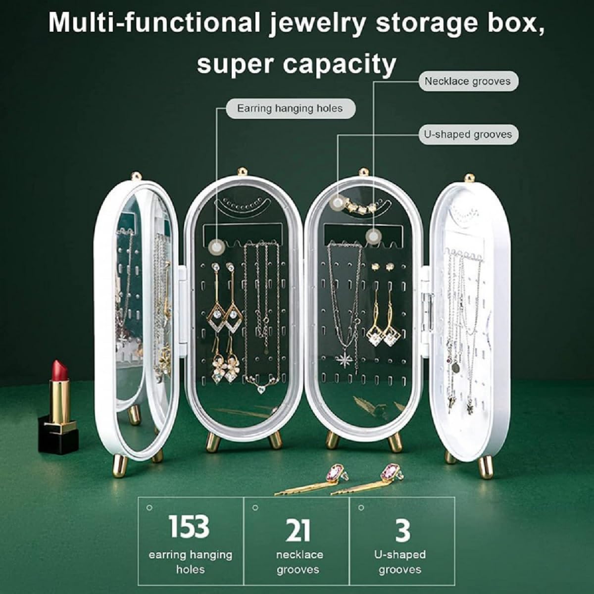 Earring Organizer with Mirror, 4-Layer Foldable Earring Holder, Jewelry Organizer, Large Capacity, Foldable Screen Dustproof Earring Jewelry Storage Rack, Small Travel Case for Women Necklace Jewelry Hanging