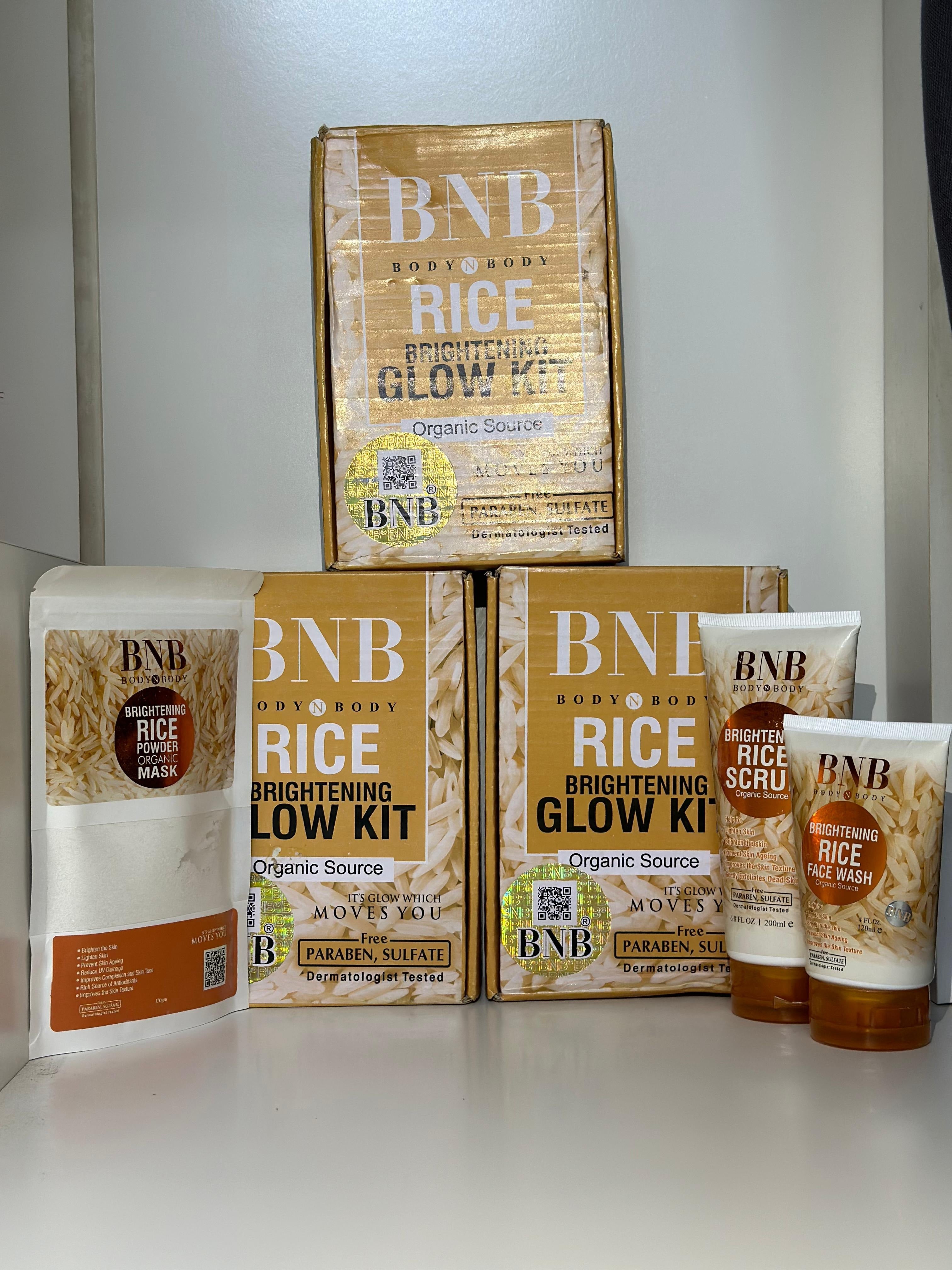 BNB Rice Extract Bright & Glow Kit, Rice Face Wash + Rice Scrub + Rice Mask, B.N.B Rice Facial Kit