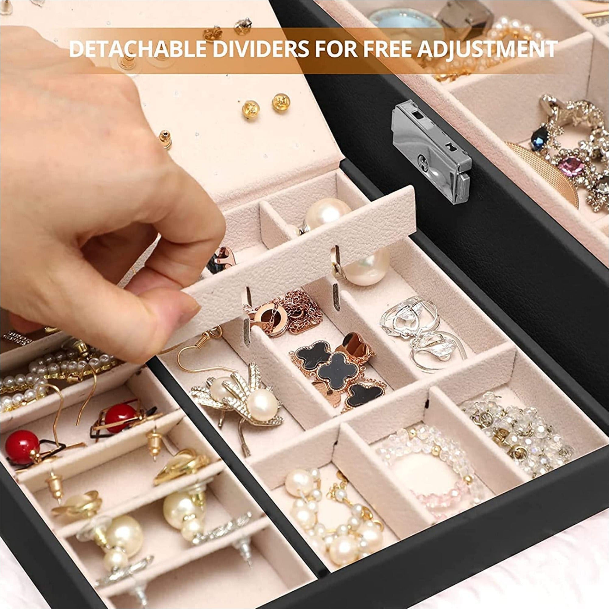 Two layer Leather Jewelry Organizer Box, Jewelry Storage Box with Lock for Rings Earrings Necklace Bracelets, Jewelry Box for Women and Girls