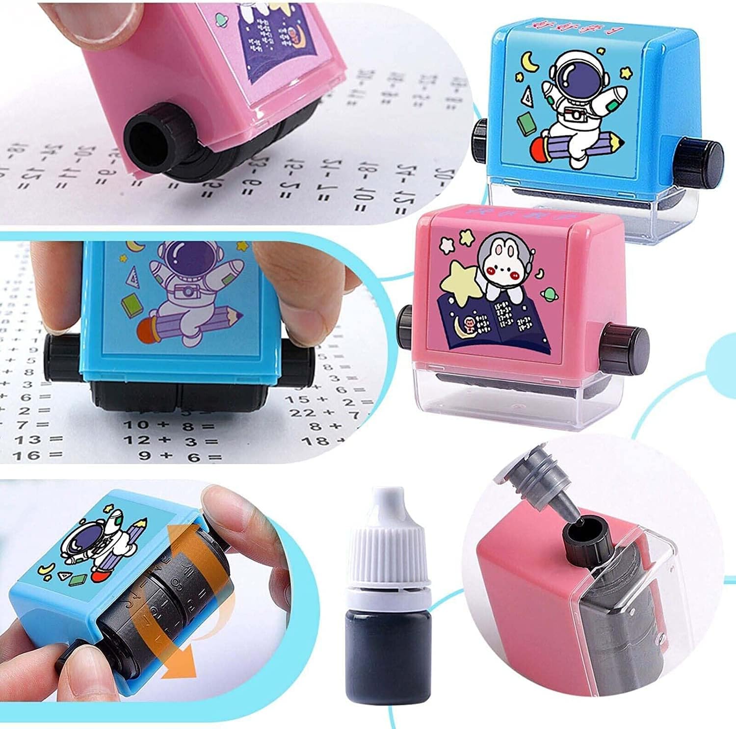 Math Roller Stamp for Addition Subtraction Multiplication Division Portable Addition Subtraction Math Stamp Math Tool Exercise 1-100 Numbers Reusable with Ink