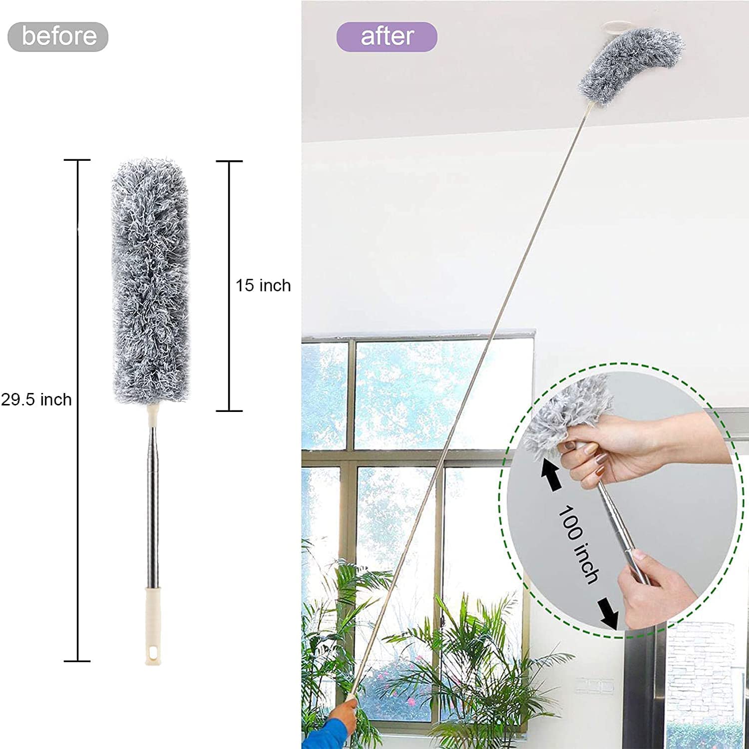 Extra Long Microfiber Duster with Extension Pole, Scratch Free, Bendable, Washable, Lint Free Feather Dusters for Cleaning Roof, Ceiling Fan, Blinds, Cobwebs, Bendable & Extendable Fan Cleaning Duster