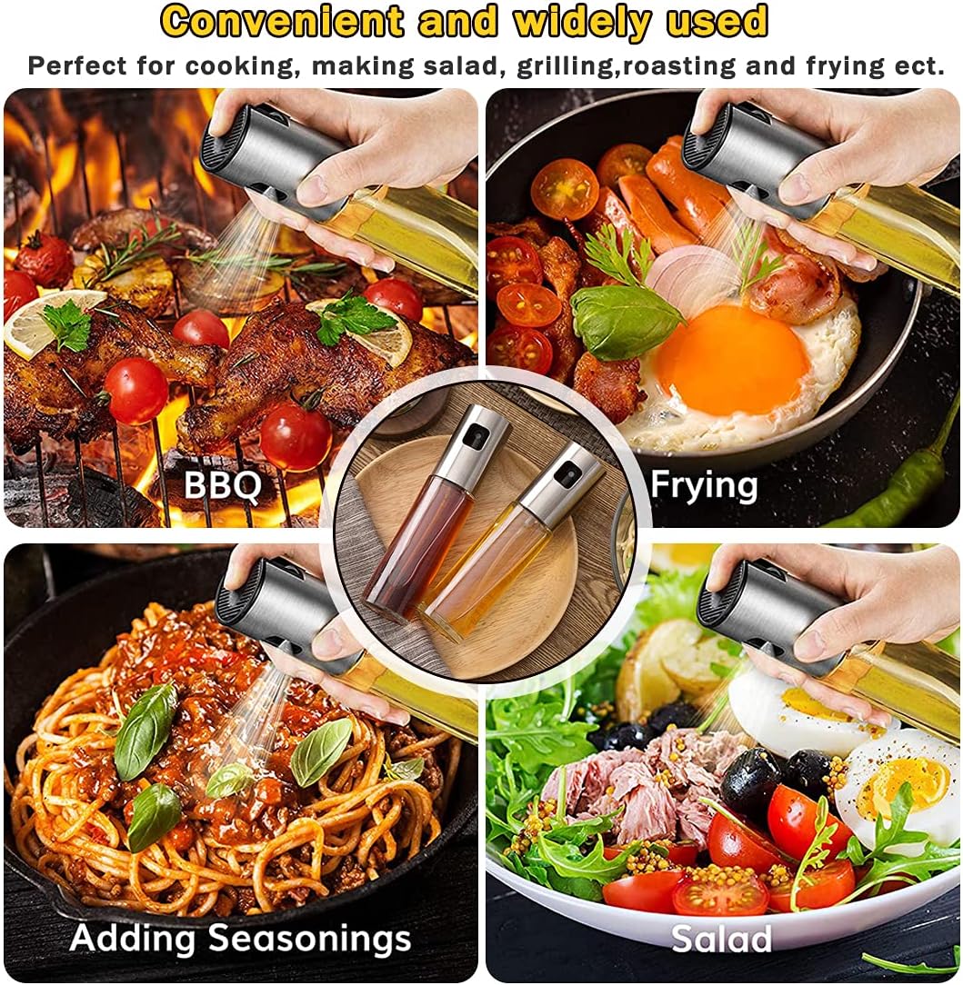 Oil Spray Bottle, 100ml Transparent Food-grade Glass & Stainless Steel Grilling Olive Oil Glass Bottle,Oil Sprayer Dispenser for Cooking BBQ Baking Salad Roasting Frying