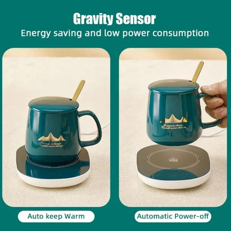 Coffee Mug-Warmer, USB Electric Coffee Cup Warmer for Desk, with Automatic On/Off to Keep Temperature Up to 104-122℉/ 40-50℃, Include Ceramic Mug, Cover, Spoon, Enjoy Anytime Hot Drinks