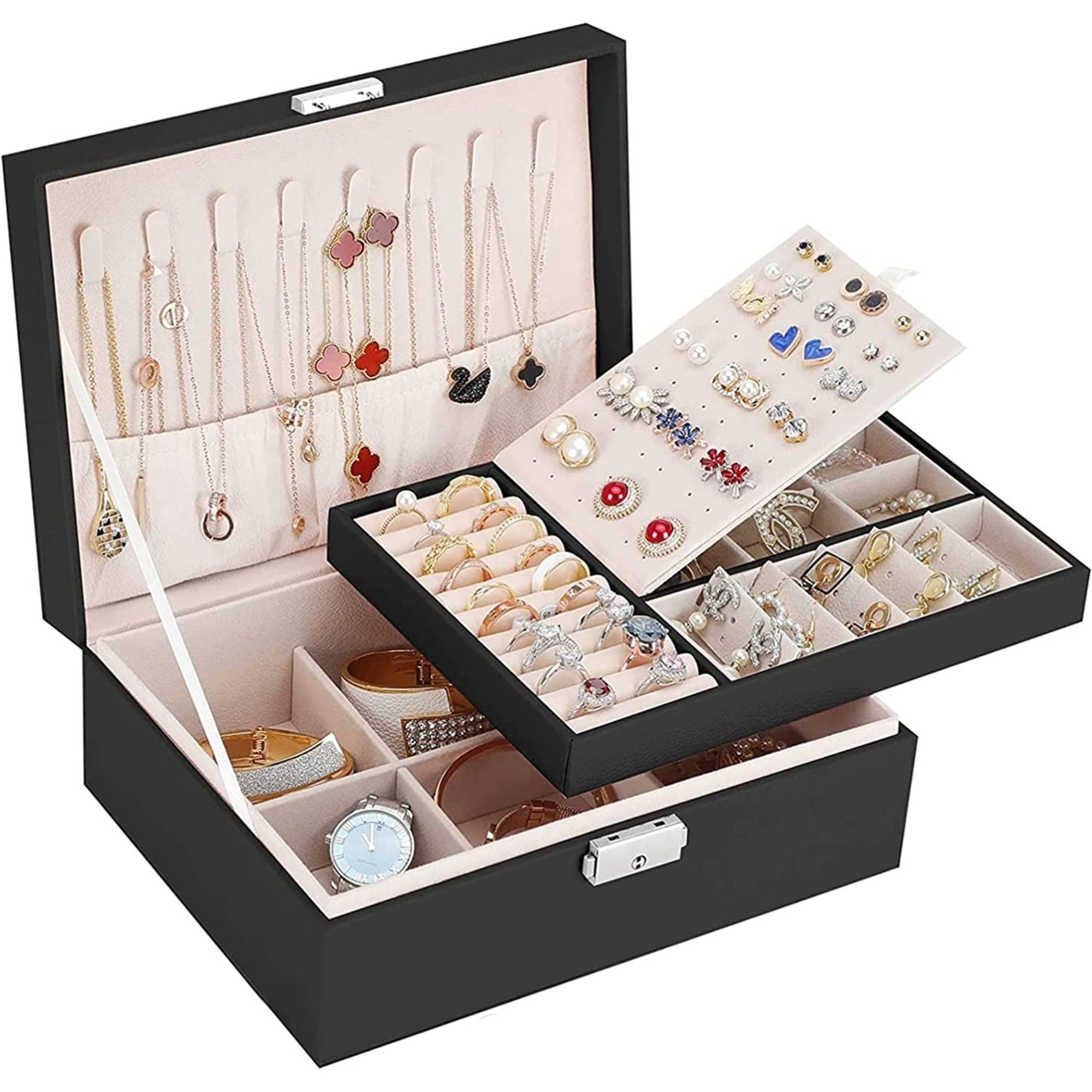 Two layer Leather Jewelry Organizer Box, Jewelry Storage Box with Lock for Rings Earrings Necklace Bracelets, Jewelry Box for Women and Girls