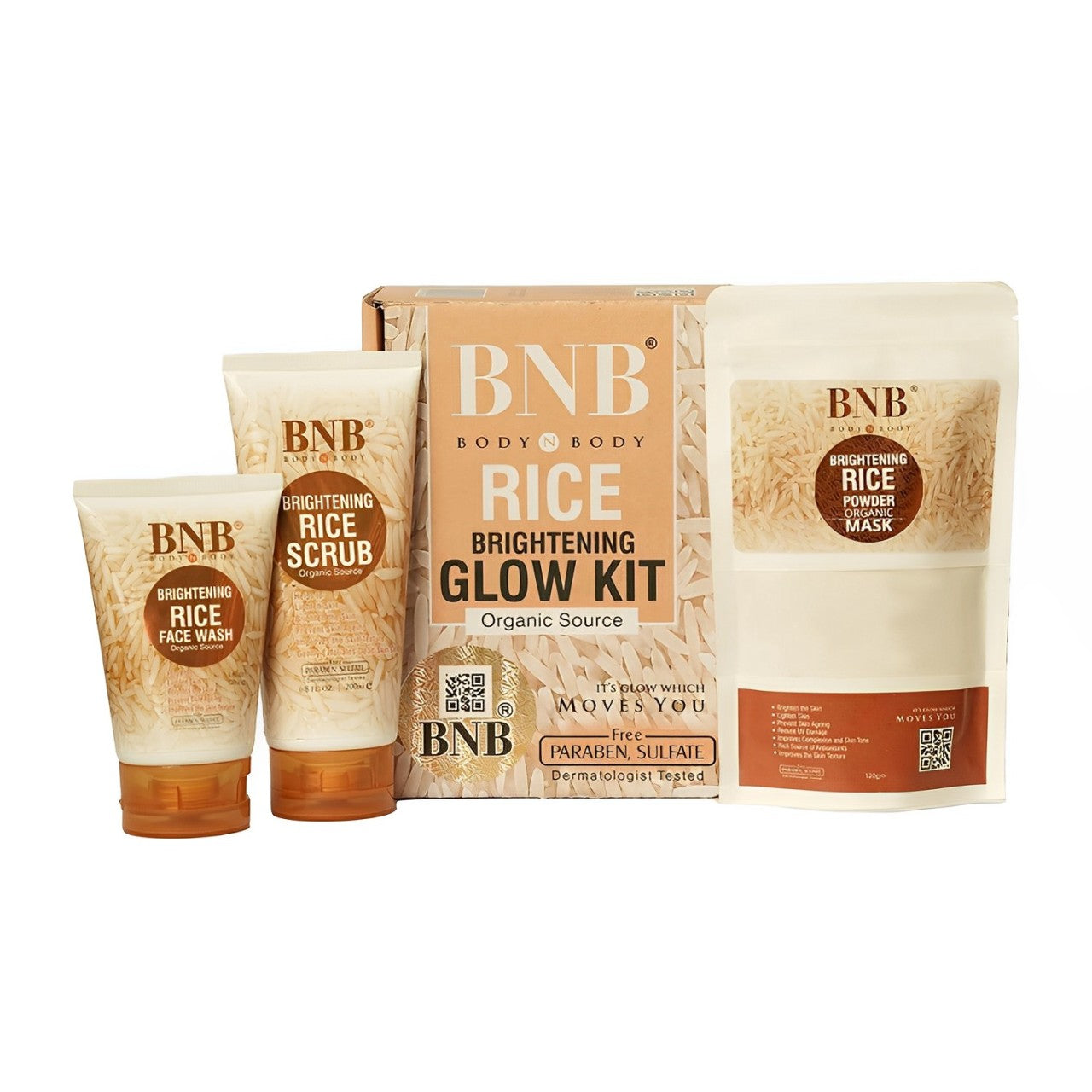 BNB Rice Extract Bright & Glow Kit, Rice Face Wash + Rice Scrub + Rice Mask, B.N.B Rice Facial Kit