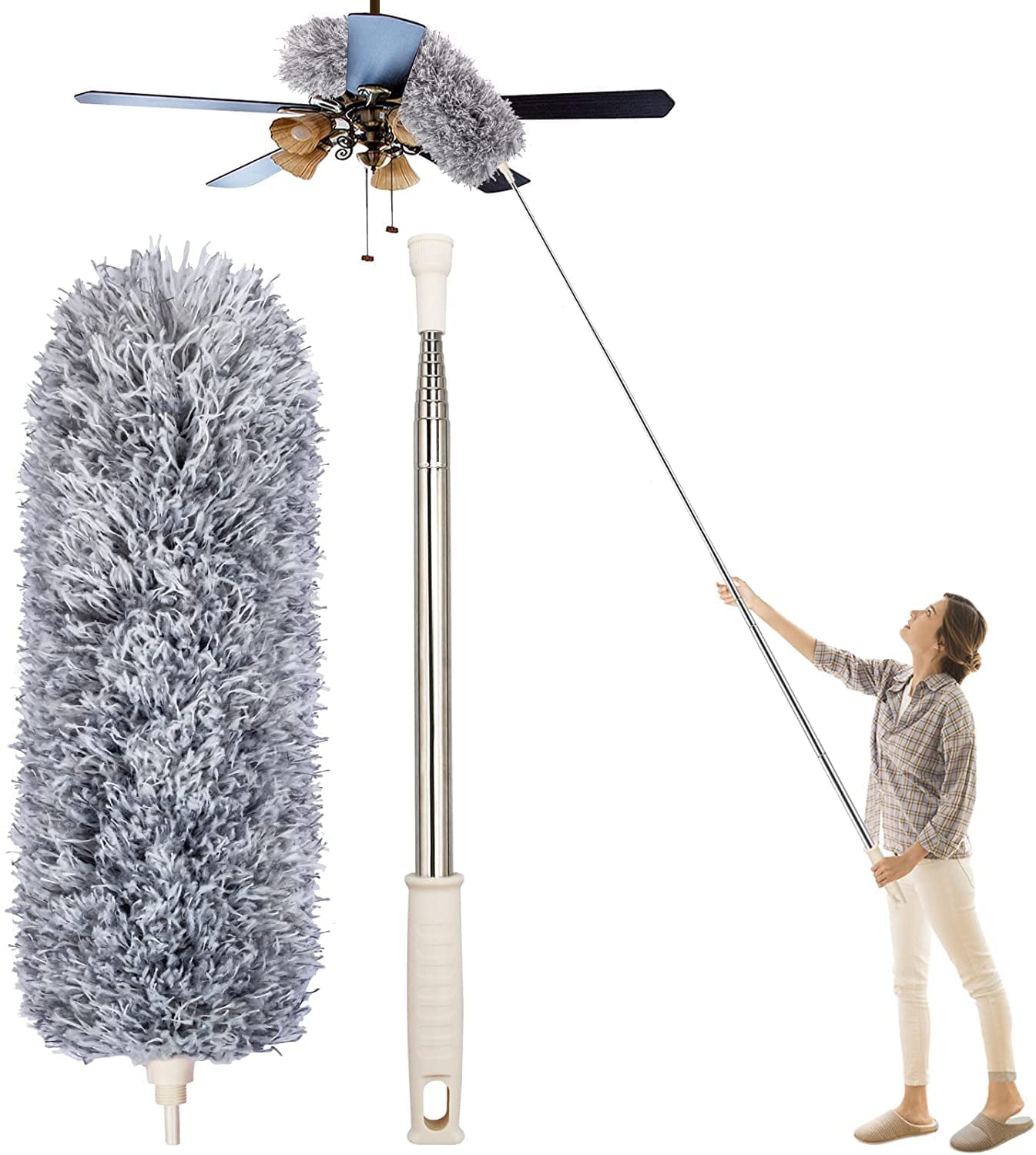 Extra Long Microfiber Duster with Extension Pole, Scratch Free, Bendable, Washable, Lint Free Feather Dusters for Cleaning Roof, Ceiling Fan, Blinds, Cobwebs, Bendable & Extendable Fan Cleaning Duster