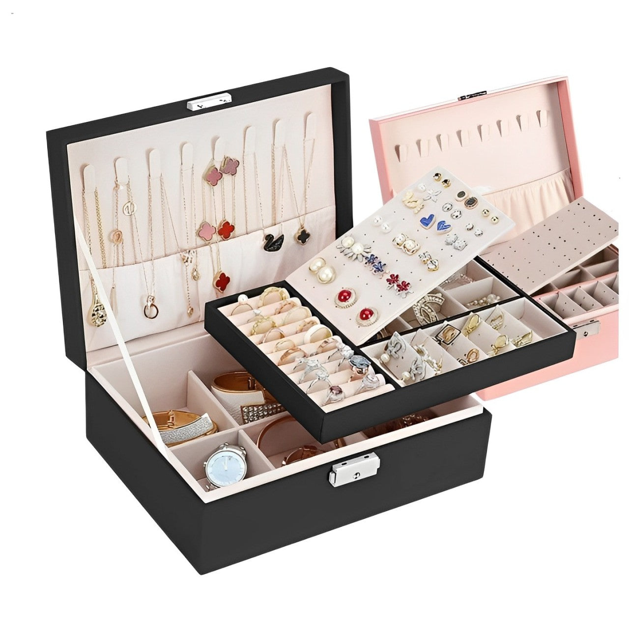 Two layer Leather Jewelry Organizer Box, Jewelry Storage Box with Lock for Rings Earrings Necklace Bracelets, Jewelry Box for Women and Girls