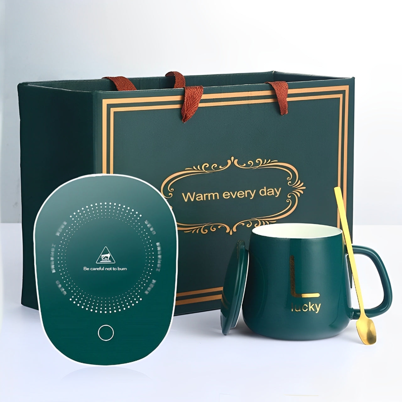 Coffee Mug-Warmer, USB Electric Coffee Cup Warmer for Desk, with Automatic On/Off to Keep Temperature Up to 104-122℉/ 40-50℃, Include Ceramic Mug, Cover, Spoon, Enjoy Anytime Hot Drinks