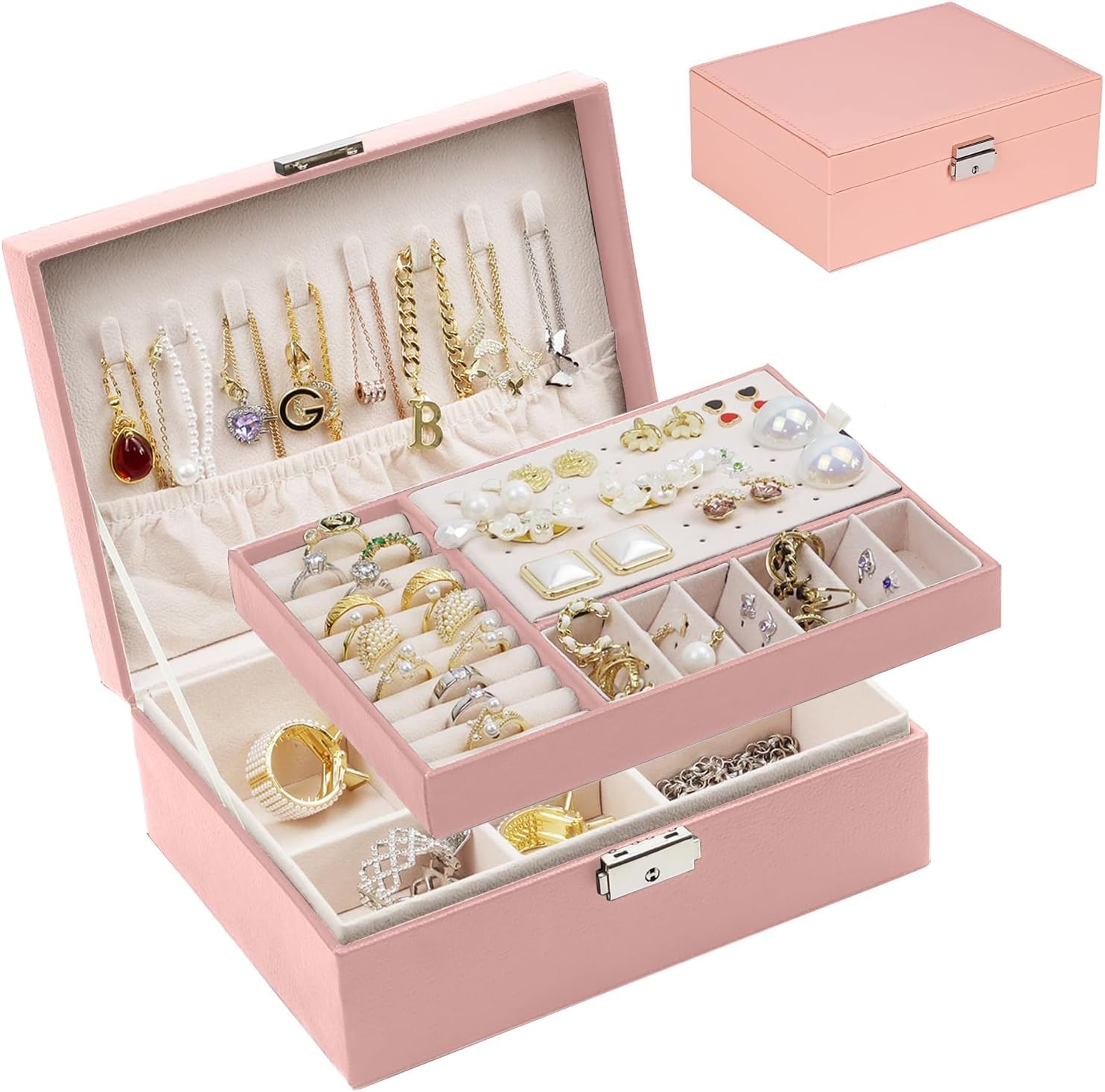 Two layer Leather Jewelry Organizer Box, Jewelry Storage Box with Lock for Rings Earrings Necklace Bracelets, Jewelry Box for Women and Girls