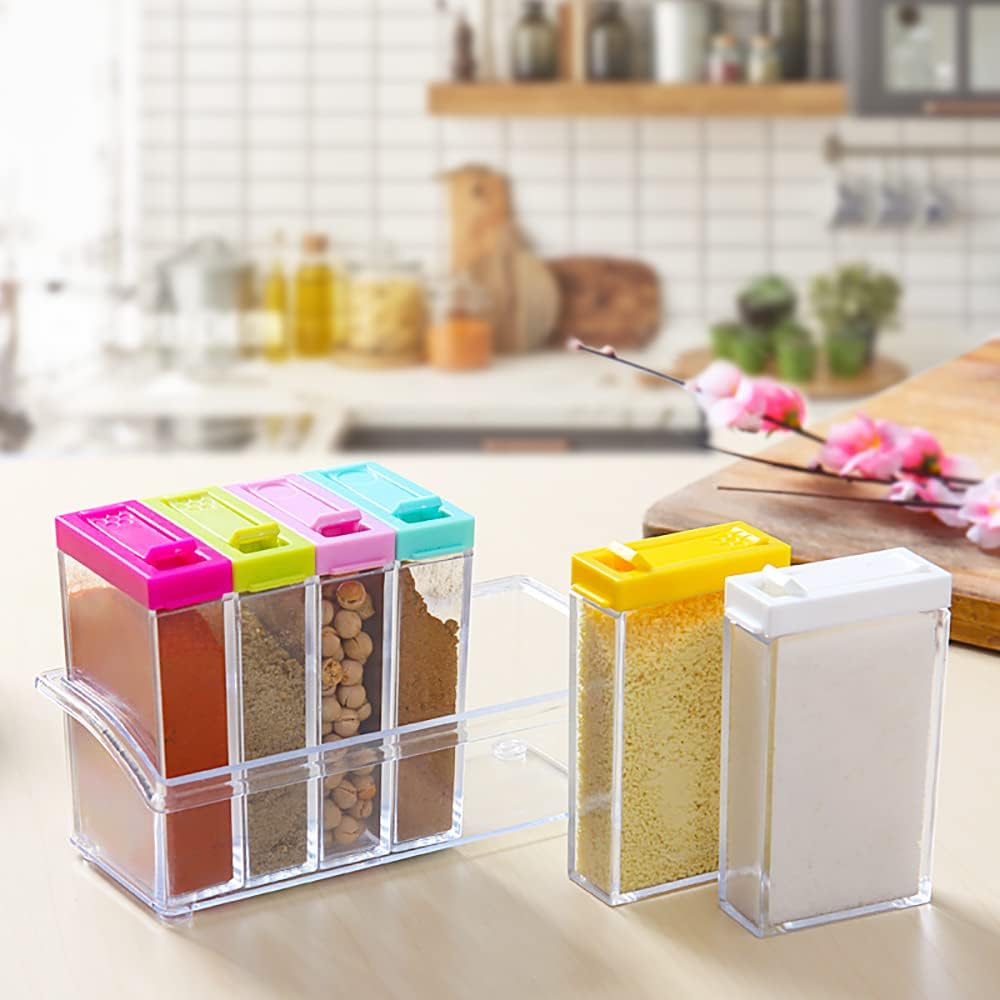 Set of 6 Spice Jars Kitchen Transparent Spice Jars with Tray Transparent Salt and Pepper Shakers Spice Box, Masala Rack Easy Flow Storage Crystal Seasoning Box