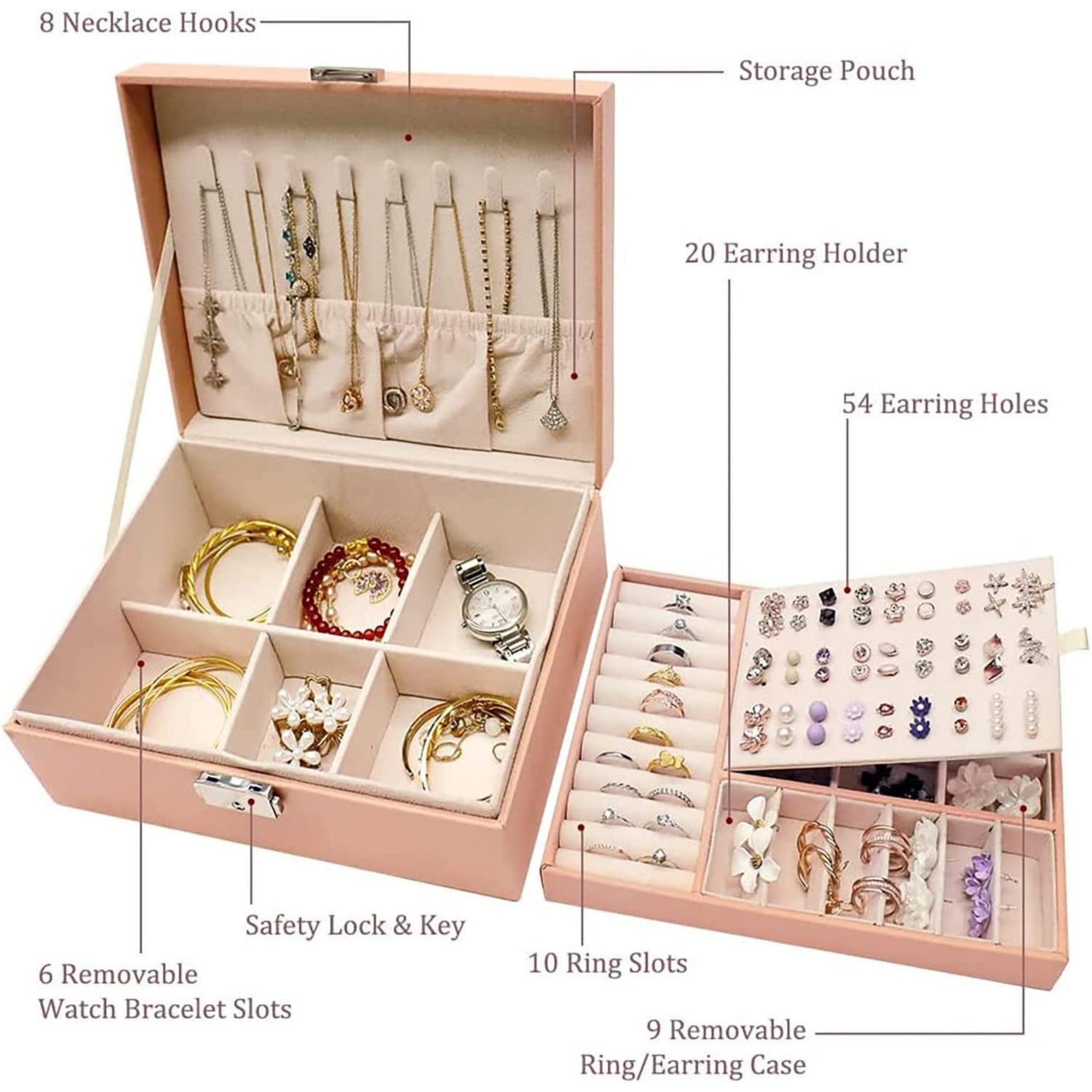 Two layer Leather Jewelry Organizer Box, Jewelry Storage Box with Lock for Rings Earrings Necklace Bracelets, Jewelry Box for Women and Girls