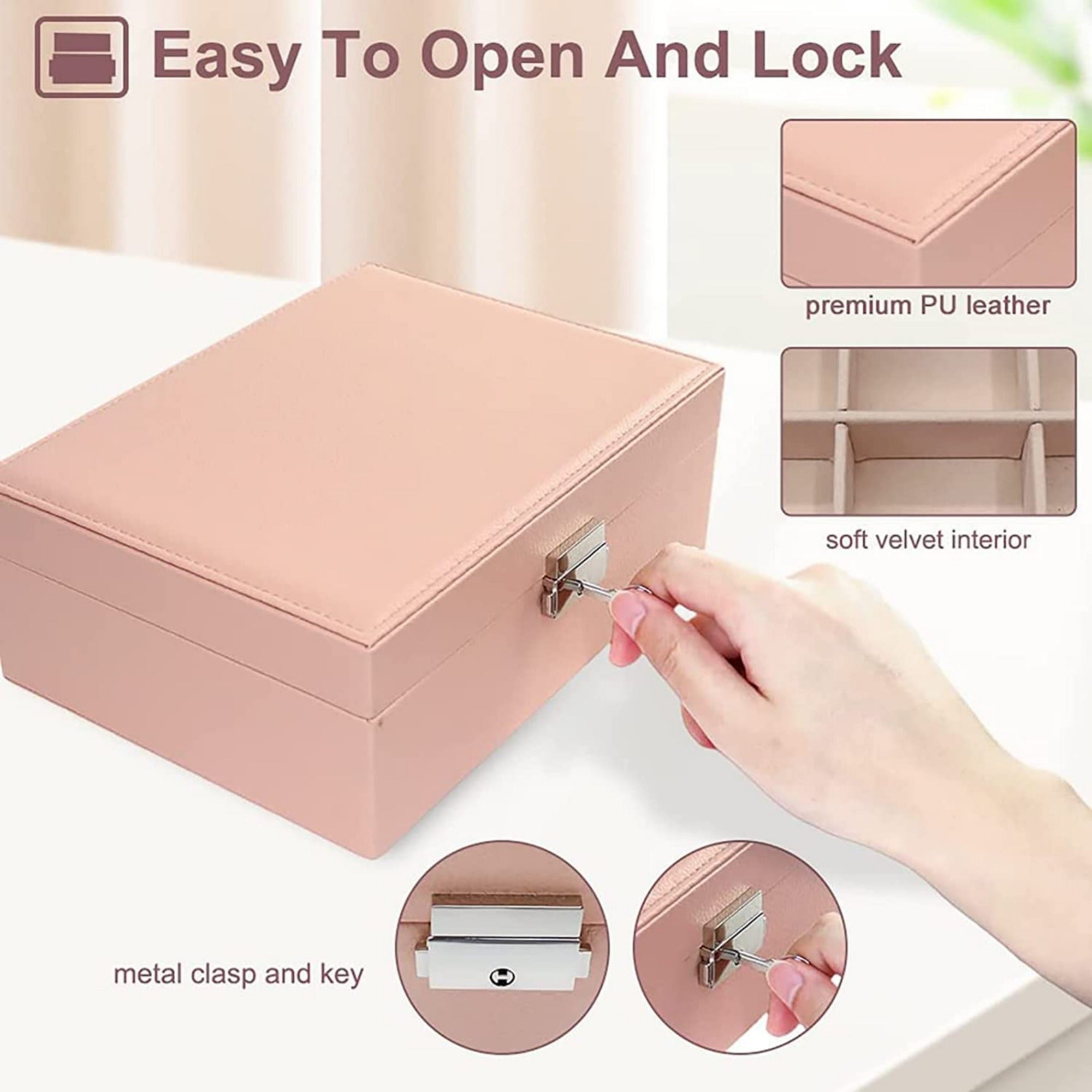 Two layer Leather Jewelry Organizer Box, Jewelry Storage Box with Lock for Rings Earrings Necklace Bracelets, Jewelry Box for Women and Girls